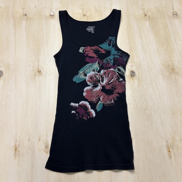 Old Navy Tops - Y2K Old Navy Tank Top Womens Small Black Floral Scoop Neck Ribbed Tropical Top